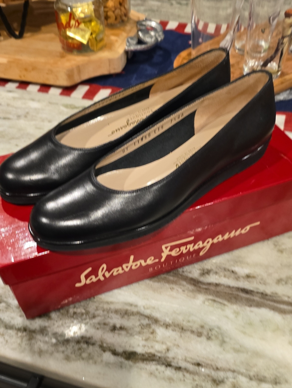 Salvatore Ferragamo Black Leather Low Wedge Flats